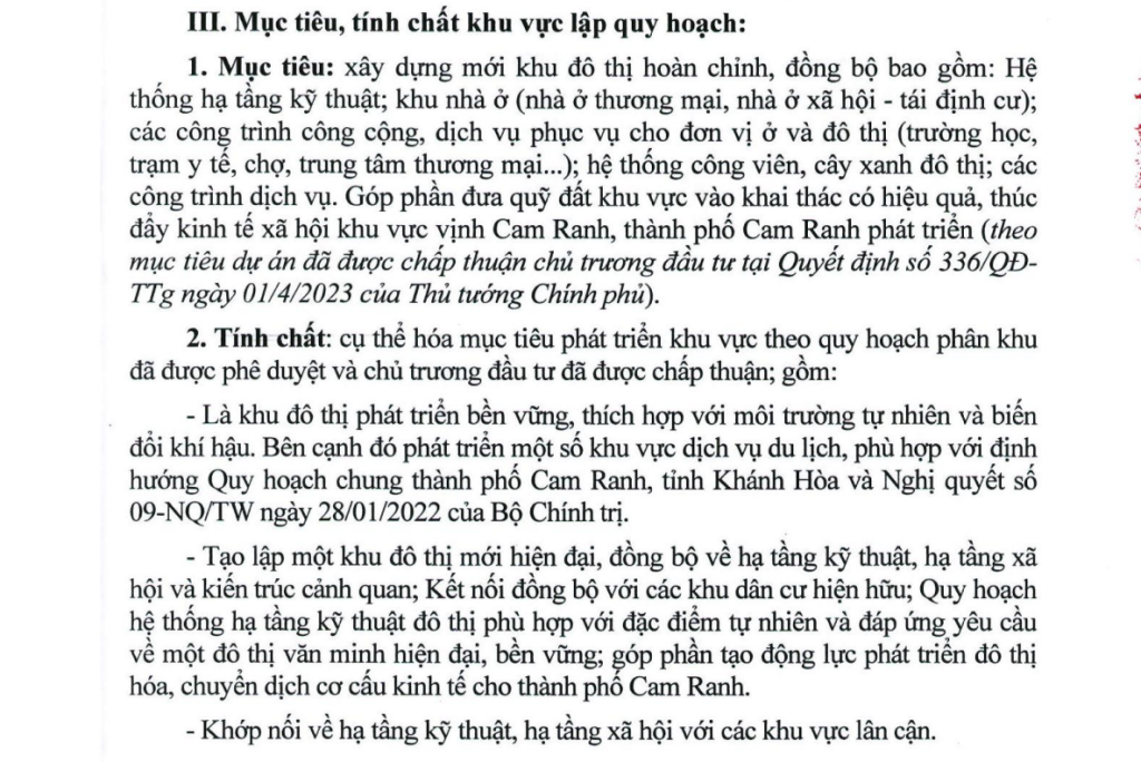 mục tiêu tính chất khu vực lập quy hoạch khu 2 khu đô thị ven vịnh cam ranh