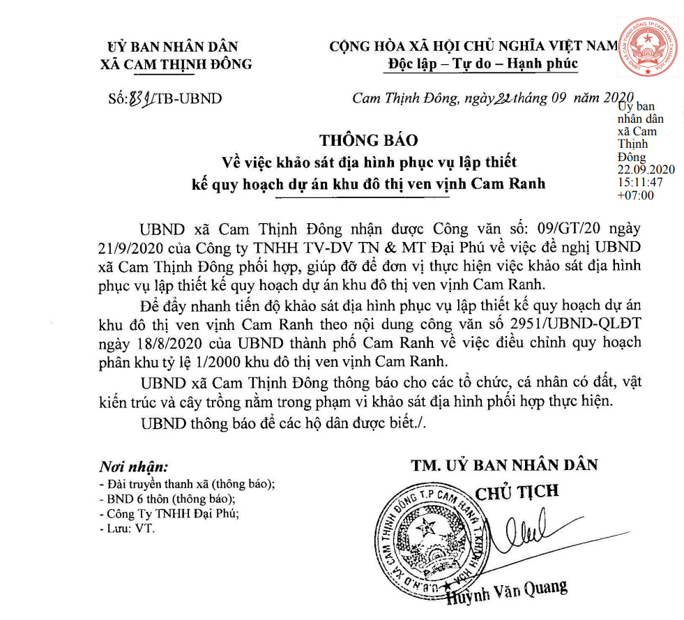 Thông báo khảo sát địa hình phục vụ lập thiết kế hoạch quy hoạch dự án khu đô thị ven Vịnh Cam Ranh.