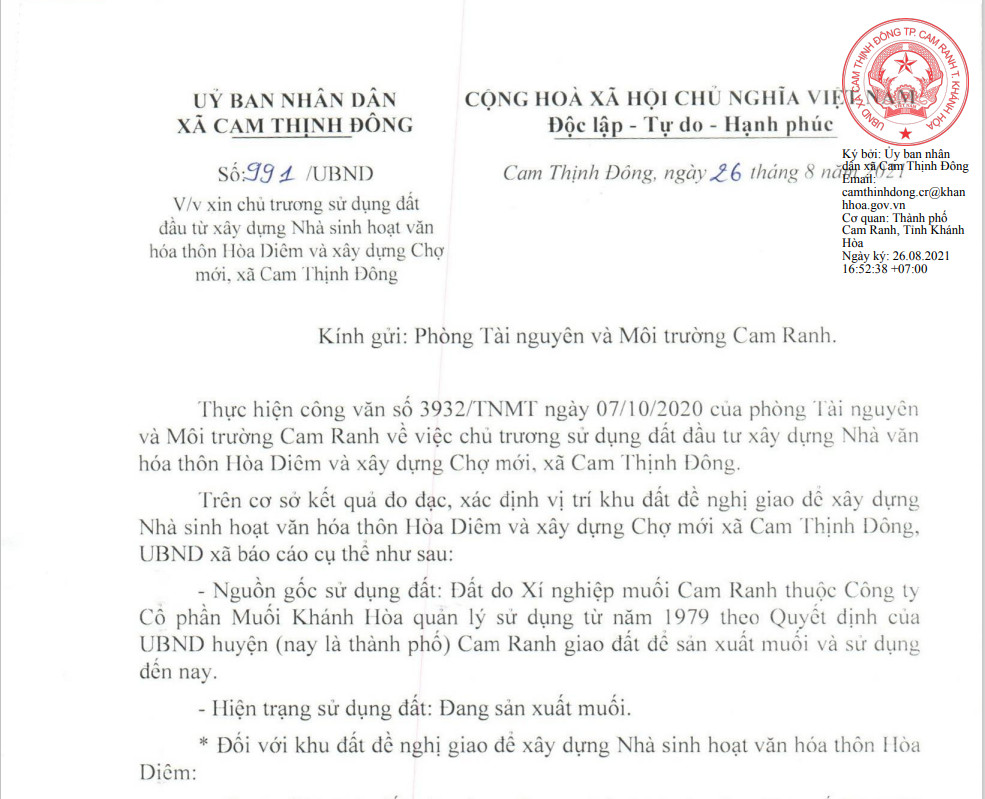 Tờ trình: Xin chủ trương sử dụng đất đầu tư xây dựng Nhà sinh hoạt văn hóa thôn Hòa Diêm và xây dựng chợ Hòa Diêm.