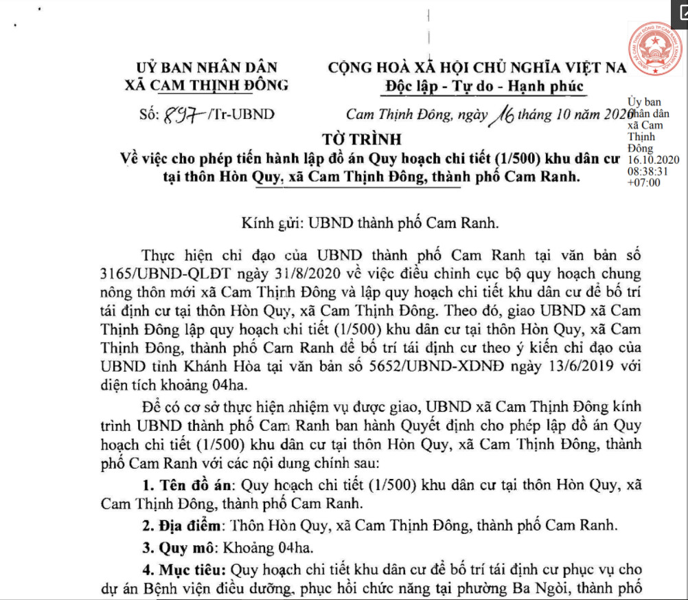 Tờ trình cho phép tiền hành lập đồ án Quy hoạch chi tiết 1/500 khu dân cư tại thôn Hòn Quy, xã Cam Thịnh Đông.