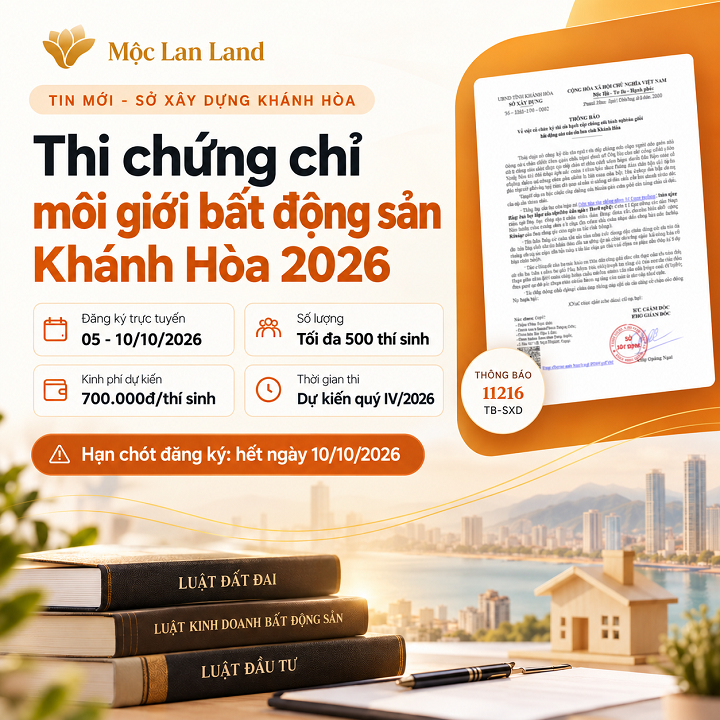 Khánh Hòa thông báo thi chứng chỉ môi giới bất động sản 2026: Hạn đăng ký 10/10